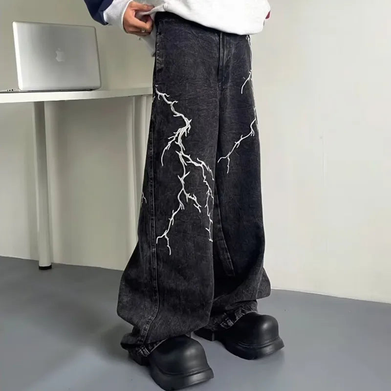 Lightning Embroidered Baggy Jeans