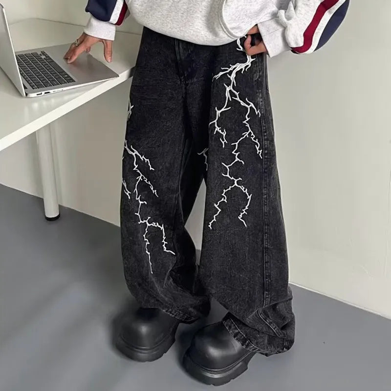 Lightning Embroidered Baggy Jeans