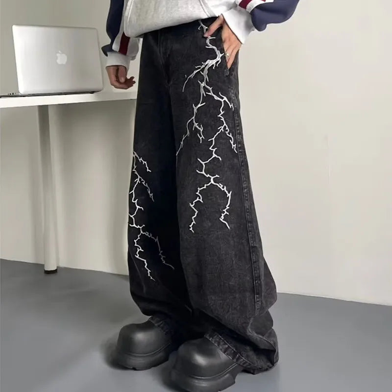 Lightning Embroidered Baggy Jeans