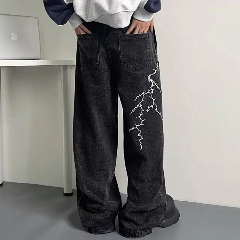 Lightning Embroidered Baggy Jeans
