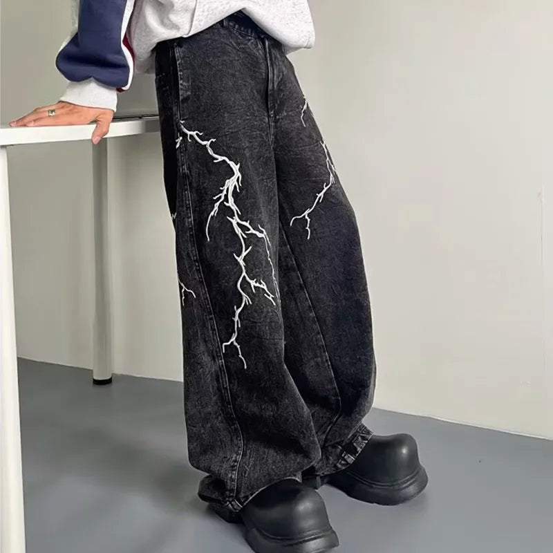 Lightning Embroidered Baggy Jeans
