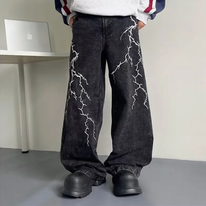 Lightning Embroidered Baggy Jeans