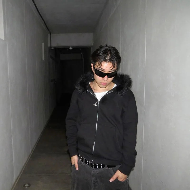 Unisex Fur Collar Zip-up Hoodie